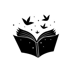 Open book with birds flying above on transparent background silhouette