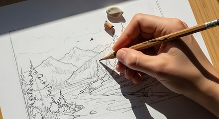 Hand crafting a scenic landscape drawing with pencil on white paper