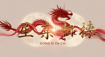 Red Dragon Lunar New Year Celebration with Golden Chinese Characters and Full Moon