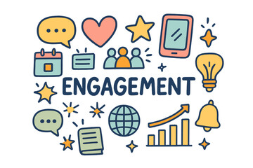 Engagement Doodle Icons. Engagement. Hand-drawn doodle illustration of Engagement. chat bubble, heart, star,