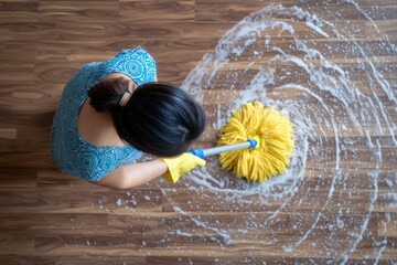 Overhead View of Person Mopping Wood Floor with Yellow Round Mop and Suds Swirls