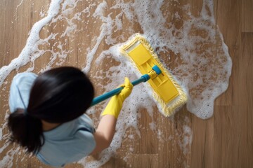 Top View of Person's Hands in Yellow Gloves Mopping Wood Floor with Water and Soap Suds