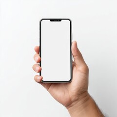 Young Man's Hand Holding Modern Smartphone with Blank White Screen on Solid Background