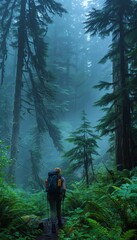 Obraz premium Misty morning adventure hiker navigating a serene forest trail surrounded by towering trees
