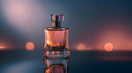 Pink perfume bottle with soft bokeh lights and blue background