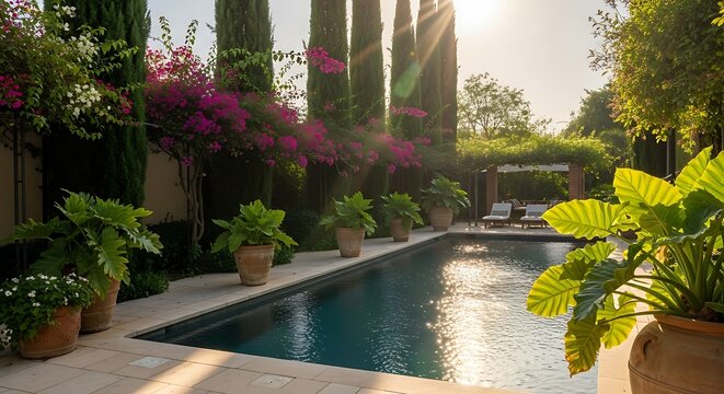 Serene courtyard swimming pool with sun flare and lush garden details