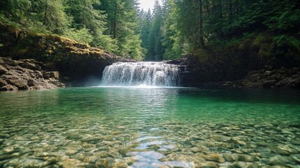 Tranquil waterfall cascading into a clear turquoise pool surrounded by lush greenery.