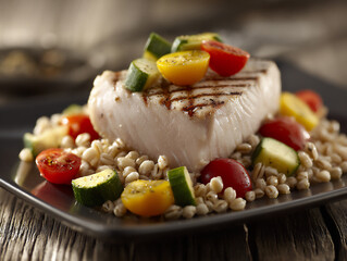 grilled swordfish steak with farro salad