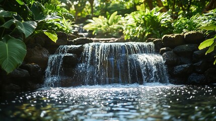 Tranquil waterfall cascading into a clear turquoise pool surrounded by lush greenery.