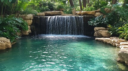 Tranquil waterfall cascading into a clear turquoise pool surrounded by lush greenery.