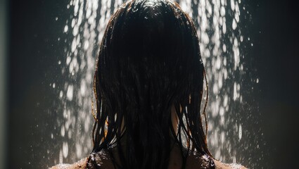 Water Droplets on Wet Hair in Shower Backlight