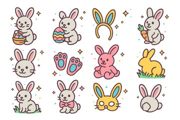 Playful Easter Bunny Icons. Easter bunny. Colorful isometric vector icons set of Easter bunny: bunny with basket, bunny with egg, bunny ears headband, bunny