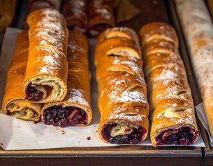 Close-up of fresh baked pastries with berry fillings, dusted with powder