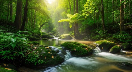 Fototapeta premium Sunlit Rainforest Stream. (1)