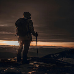 lonely traveler standing on mountain peak at sunr