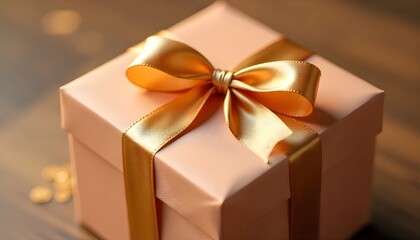 Luxurious golden gift box with shiny satin ribbon and elegant textured wrapping.