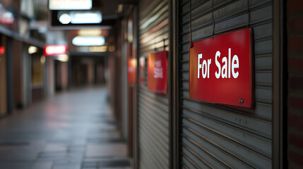 Storefronts locked and 'For Sale' signs hang, hinting at economic shifts in a quiet, blurred urban shopping district. Shop closures and business sales.