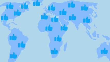 World map design where various blue web thumbs-up icons emerge around the world. - Powered by Adobe