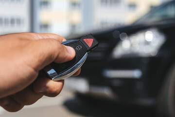 Close-up of a man unlocking a car using a key fob, with a black car parked in a car park in the background.