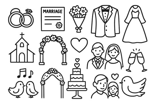 Marriage Symbols Doodle. Marriage. Hand-drawn doodle illustration marriage rings, certificate, bouquet, tuxedo, gown, veil, church, arch, heart, family,
