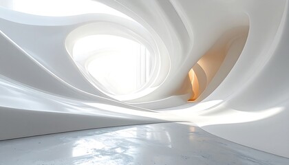A modern, minimalist interior scene with flowing, white organic forms and a bright, sunlit opening in the distance. The polished floor reflects light