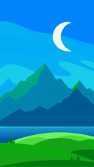 Stylized crescent moon over blue mountains and green hills