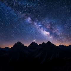 Fototapeta premium Majestic Night Sky with Milky Way and Crescent Moon over Dark Mountains
