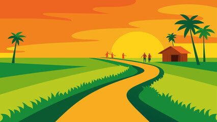 Obraz premium Silhouetted figures walk along a winding path towards a sunset in a tropical landscape