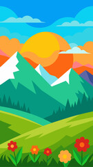 Vibrant mountain landscape with sunflowers and snow capped peaks