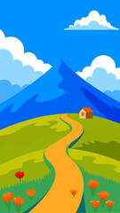 Fototapeta premium A winding path leads to a cozy house amidst rolling hills and mountains