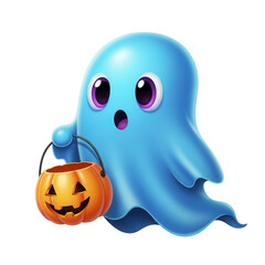 Cute blue cartoon ghost holding a Halloween pumpkin basket.