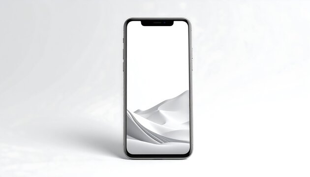 A modern smartphone displaying a minimalist white landscape image against a clean white background. Subtle shadows enhance the 3D aesthetic