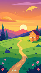 Fototapeta premium Cozy cabin in a vibrant sunset landscape with a winding path and a lone fox