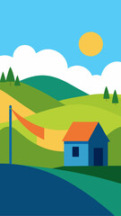 Fototapeta premium Stylized landscape with blue house and orange roof under a sunny sky