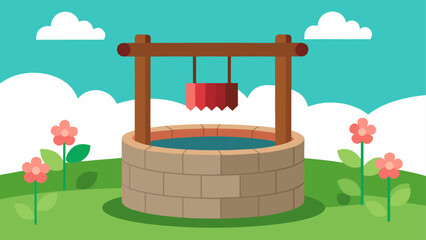 Charming cartoon well with bucket and flowers under a bright blue sky