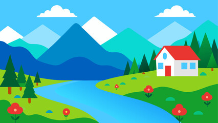 Vibrant flat illustration of a peaceful mountain landscape with a river and house