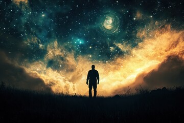 Fototapeta premium Person gazing at an expansive cosmos with swirling galaxies and stars in a night sky