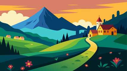 Vibrant mountain village landscape at sunset with winding path