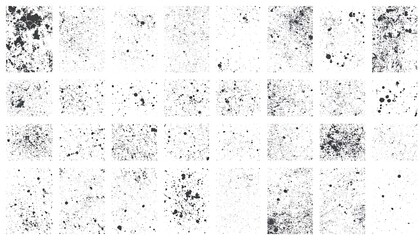 A mosaic of grayscale speckled patterns, composed of irregular dark shapes, resembling splatters or granular textures on a white backdrop