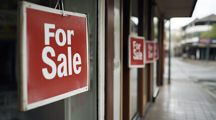 Red signs reading "For Sale" hang in a row on the windows of an empty retail space. The street outside is quiet and empty, suggesting a possible business closure. Sale is available