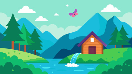 Serene mountain landscape with cabin and waterfall