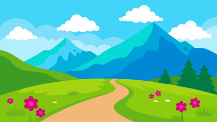 Vibrant cartoon landscape with winding path and majestic mountains