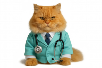 Ginger cat doctor wearing scrubs and stethoscope, representing pet health and veterinary medicine humor