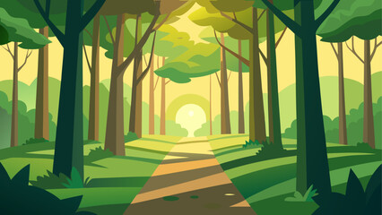 Sunlit forest path leading to a bright clearing with stylized trees