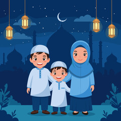 Muslim family celebrating holy month of ramadan with mosque and lanterns at night. Vector.