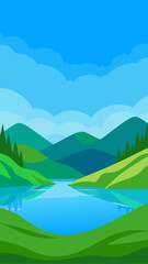 Vibrant flat design landscape with rolling hills and a serene lake under a cloudy sky
