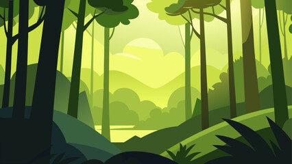 Stylized forest landscape with layered greens and soft sunlight
