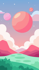 Whimsical pink planet landscape with floating orbs and stylized clouds