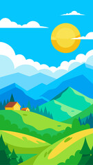 Vibrant sunny landscape with rolling hills and distant mountains