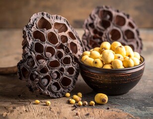 Close-up of dried lotus pods with a bowl of lotus seeds on a wooden surface
